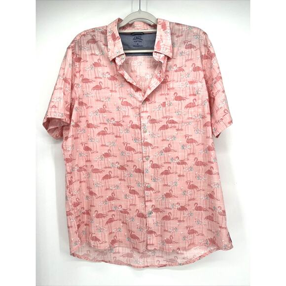 Izod Hawaiian Shirt Men XL Pink Saltwater Flamingo Allover Print Cruise Party - Picture 1 of 6